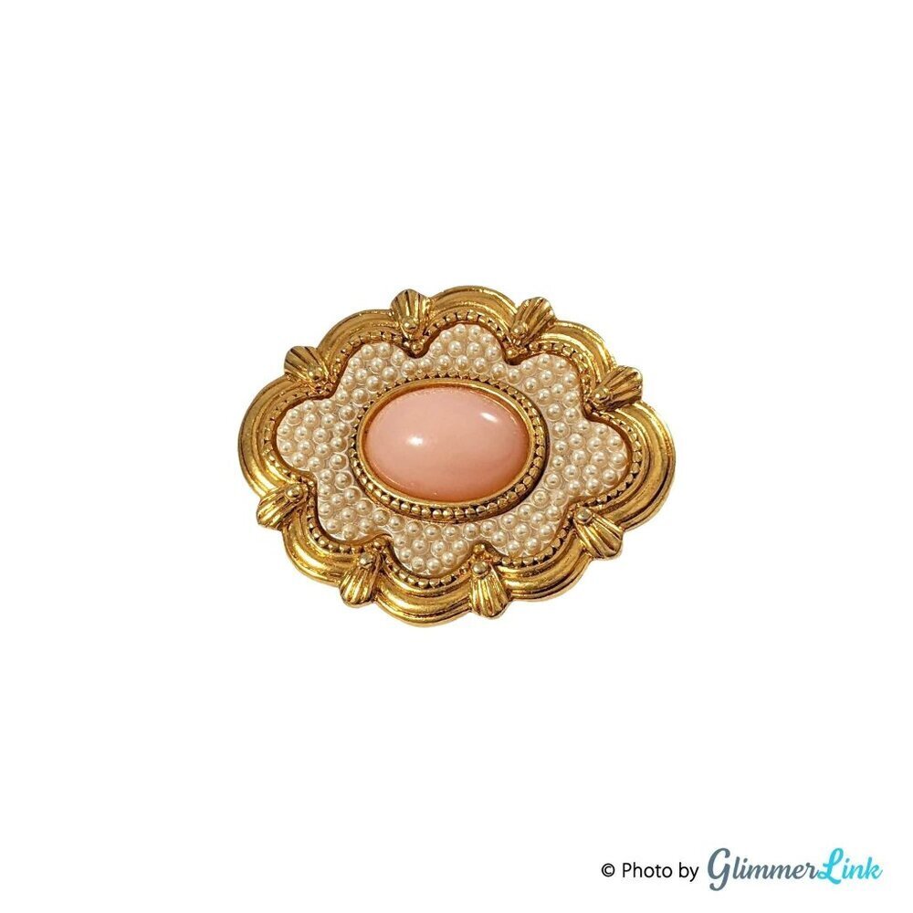 Vintage 1980s Avon Victorian Spring Gold Tone Faux Pearl Cabochon Brooch Pin